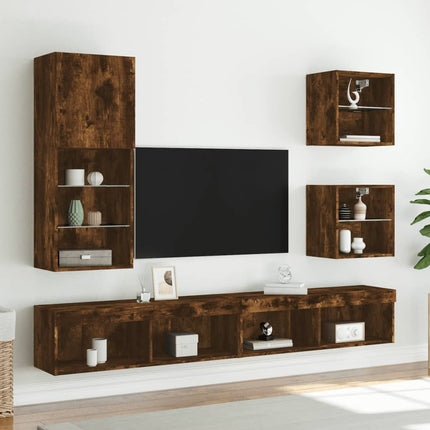 Tv-bänk med LED-belysning rökfärgad ek 40,5x30x102 cm