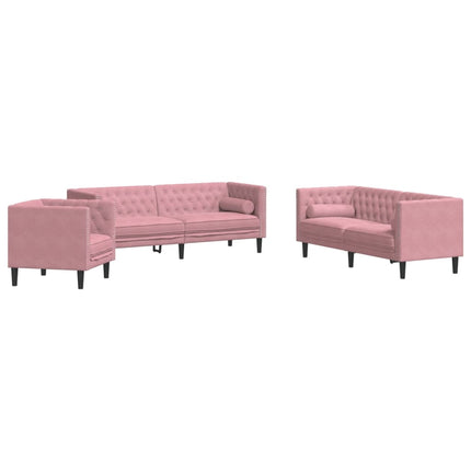 Soffgrupp chesterfield 3 delar bolsterkuddar rosa sammet