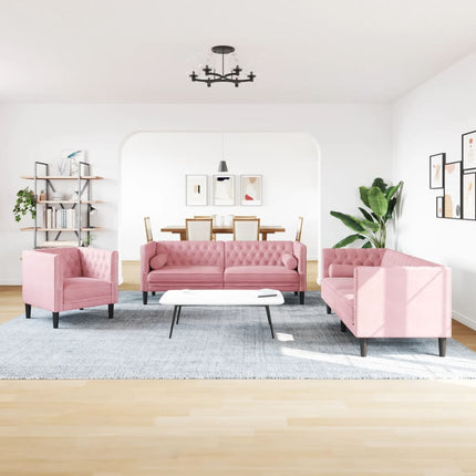 Soffgrupp chesterfield 3 delar bolsterkuddar rosa sammet