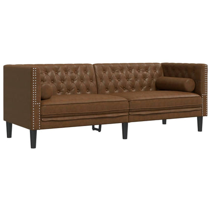 Soffgrupp chesterfield 3 delar bolsterkuddar brun konstmocka