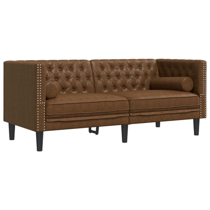 Soffgrupp chesterfield 3 delar bolsterkuddar brun konstmocka