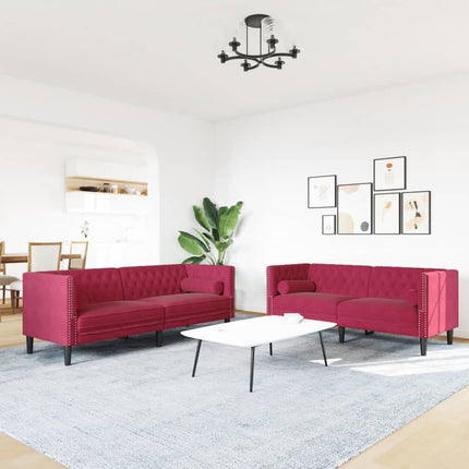 Soffgrupp chesterfield 2 delar bolsterkuddar vinröd sammet