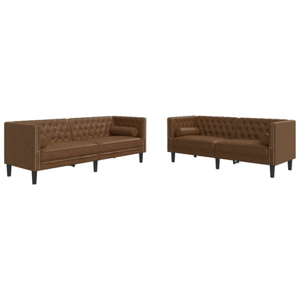 Soffgrupp chesterfield 2 delar bolsterkuddar brun konstmocka
