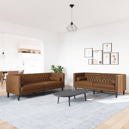 Soffgrupp chesterfield 2 delar bolsterkuddar brun konstmocka