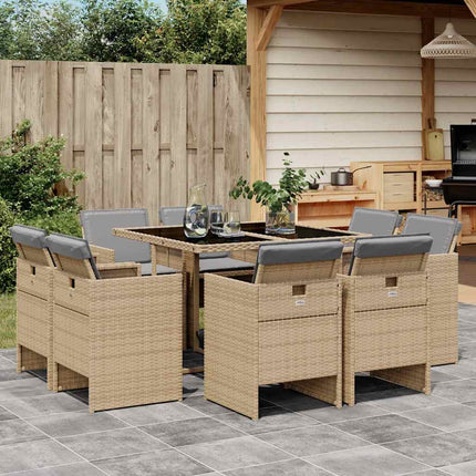 Matgrupp för trädgården med dynor 9 delar mixbeige konstrotting