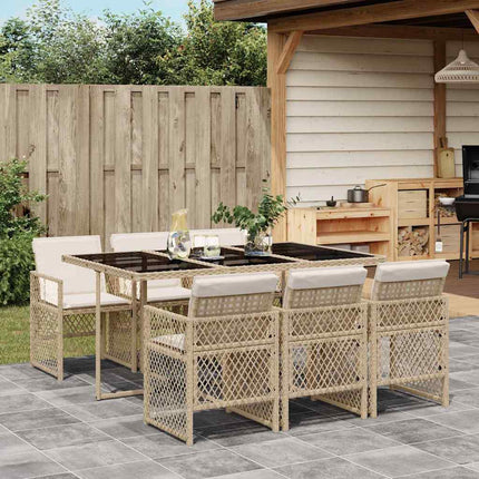 Matgrupp för trädgården med dynor 7 delar beige konstrotting