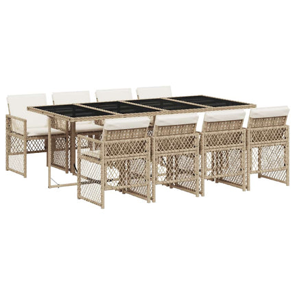 Matgrupp för trädgården med dynor 9 delar beige konstrotting