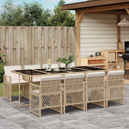 Matgrupp för trädgården med dynor 9 delar beige konstrotting