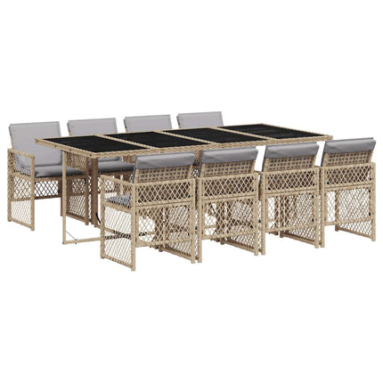 Matgrupp för trädgården med dynor 9 delar beige konstrotting