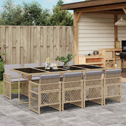 Matgrupp för trädgården med dynor 9 delar beige konstrotting