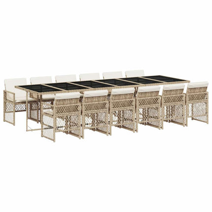 Matgrupp för trädgården med dynor 13 delar beige konstrotting