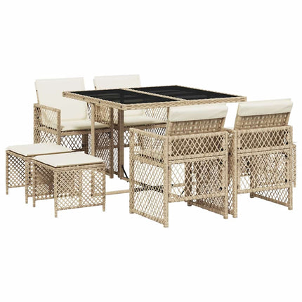 Matgrupp för trädgården med dynor 9 delar beige konstrotting