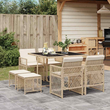 Matgrupp för trädgården med dynor 9 delar beige konstrotting