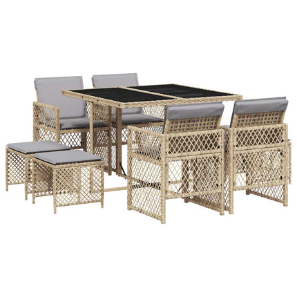 Matgrupp för trädgården med dynor 9 delar beige konstrotting
