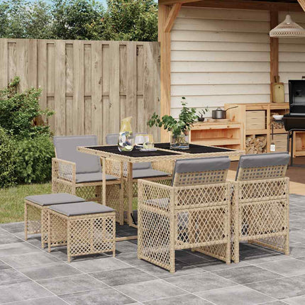 Matgrupp för trädgården med dynor 9 delar beige konstrotting
