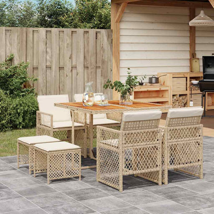 Matgrupp för trädgården med dynor 9 delar beige konstrotting