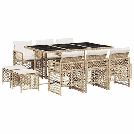 Matgrupp för trädgården med dynor 11 delar beige konstrotting