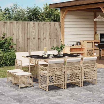 Matgrupp för trädgården med dynor 11 delar beige konstrotting