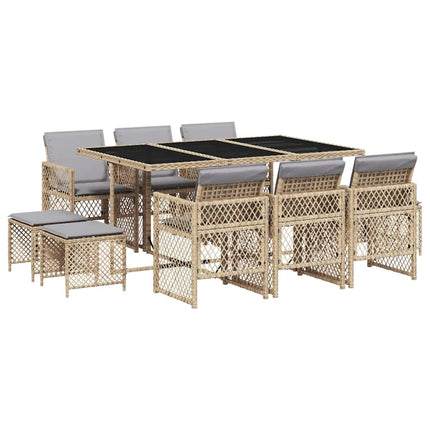 Matgrupp för trädgården med dynor 11 delar beige konstrotting