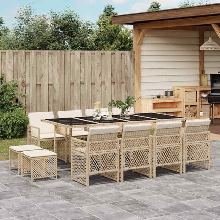 Matgrupp för trädgården med dynor 13 delar beige konstrotting