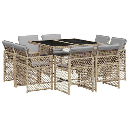 Matgrupp för trädgården med dynor 9 delar mixbeige konstrotting