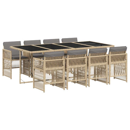 Matgrupp för trädgården med dynor 9 delar mixbeige konstrotting