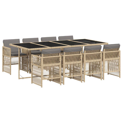 Matgrupp för trädgården med dynor 9 delar mixbeige konstrotting
