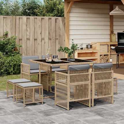 Matgrupp för trädgården med dynor 9 delar mixbeige konstrotting