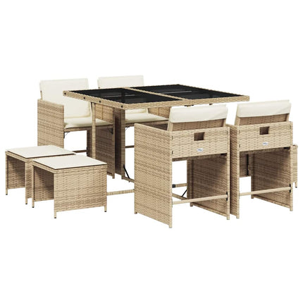 Matgrupp för trädgården med dynor 9 delar beige konstrotting
