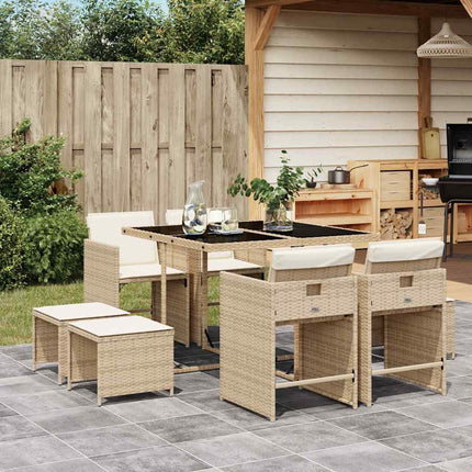 Matgrupp för trädgården med dynor 9 delar beige konstrotting