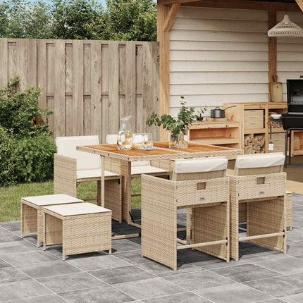 Matgrupp för trädgården med dynor 9 delar beige konstrotting