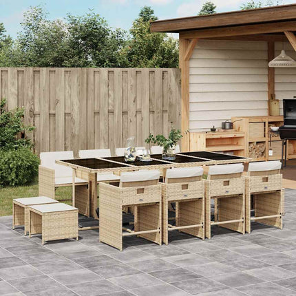 Matgrupp för trädgården med dynor 13 delar beige konstrotting