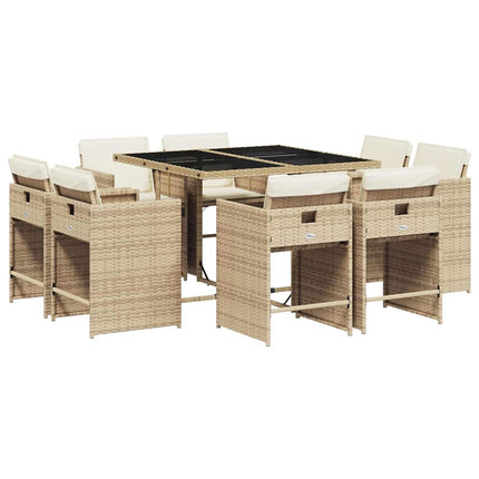 Matgrupp för trädgården med dynor 9 delar beige konstrotting