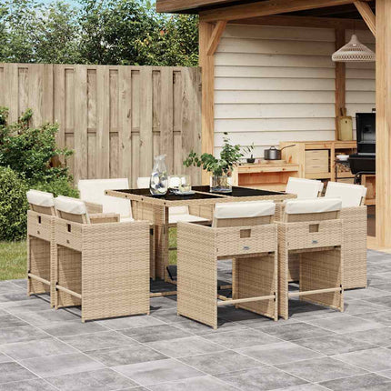 Matgrupp för trädgården med dynor 9 delar beige konstrotting