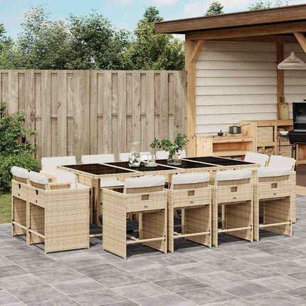 Matgrupp för trädgården med dynor 13 delar beige konstrotting