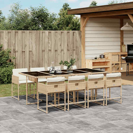 Matgrupp för trädgården med dynor 9 delar beige konstrotting