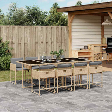 Matgrupp för trädgården med dynor 9 delar mixbeige konstrotting