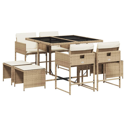 Matgrupp för trädgården med dynor 9 delar beige konstrotting