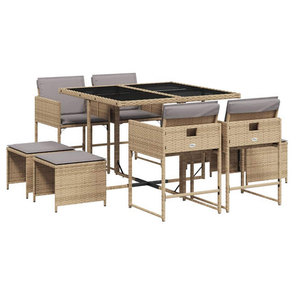 Matgrupp för trädgården med dynor 9 delar mixbeige konstrotting