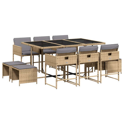 Matgrupp för trädgården med dynor 11delar mixbeige konstrotting