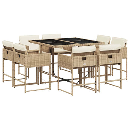 Matgrupp för trädgården med dynor 9 delar beige konstrotting