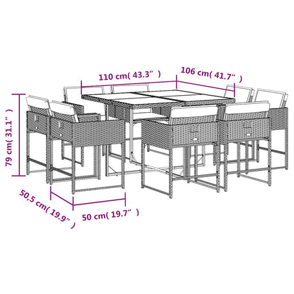 Matgrupp för trädgården med dynor 9 delar beige konstrotting