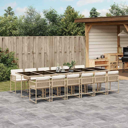Matgrupp för trädgården med dynor 13 delar beige konstrotting