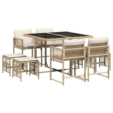Matgrupp för trädgården med dynor 9 delar beige konstrotting