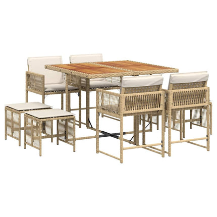 Matgrupp för trädgården med dynor 9 delar beige konstrotting