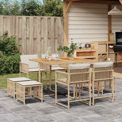 Matgrupp för trädgården med dynor 9 delar beige konstrotting