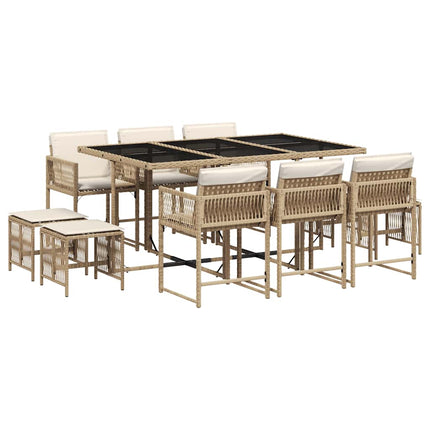 Matgrupp för trädgården med dynor 11 delar beige konstrotting