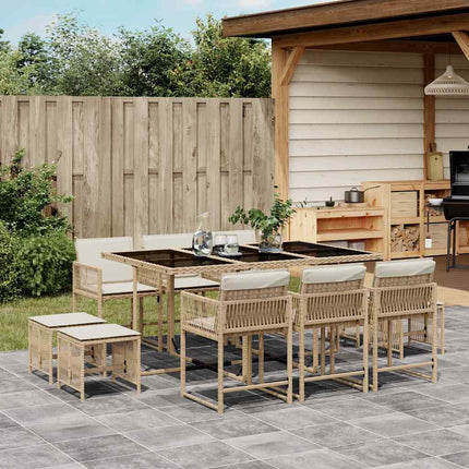 Matgrupp för trädgården med dynor 11 delar beige konstrotting