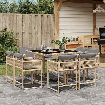 Matgrupp för trädgården med dynor 9 delar mixbeige konstrotting