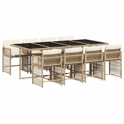 Matgrupp för trädgården med dynor 9 delar beige konstrotting